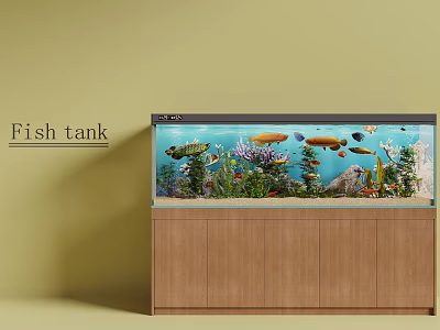 Beautiful Aquarium Fish Tank with Colorful Fish Aquatic Plants and Coral on Wooden Cabinet Stand 3d model