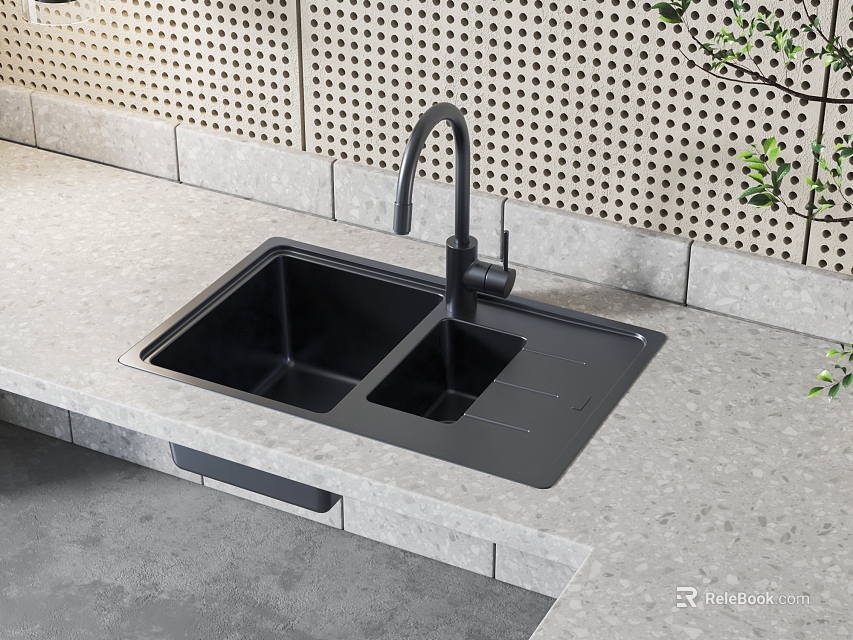 Modern Black Double Bowl Kitchen Sink With Black Faucet On Grey Stone Countertop 3d model 