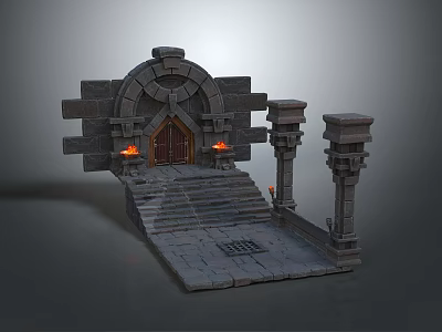 Cartoon Scene of Ancient Stone Entrance with Arched Door Burning Torches Stone Steps and Pillars 3d model