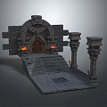 Cartoon Scene of Ancient Stone Entrance with Arched Door Burning Torches Stone Steps and Pillars