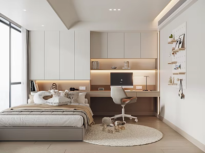 Spacious Modern Bedroom Interior Design With Bed Desk Computer Chair And Round Rug 3d model