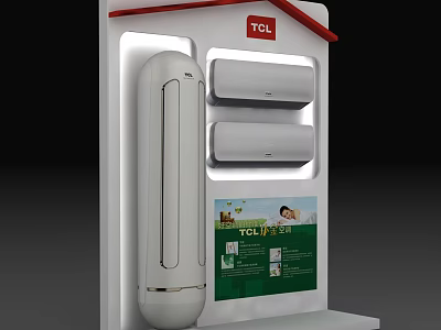TCL Display Shelf with White Air Conditioners and Promotional Poster for Home Appliance Exhibition 3d model