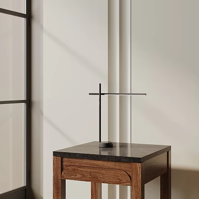 Minimalist Table Lamp With Black Metal Frame On Wooden Cabinet Black Top Surface 3d model