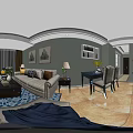 Cozy Dining Room Interior With Light Green Walls Dining Table Chairs And Decorative Paintings