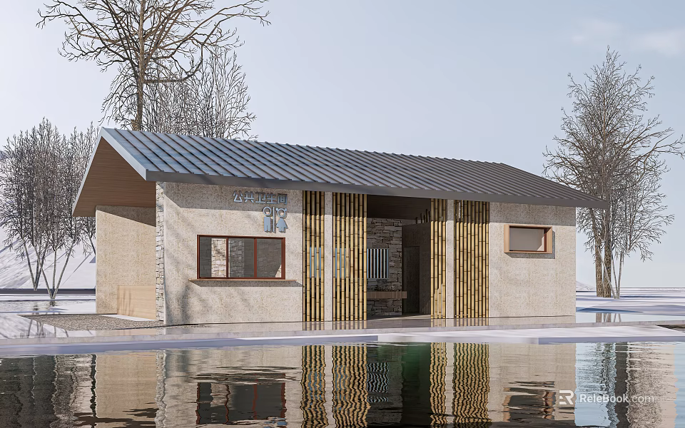 Modern Waterfront Pavilion With Stone Walls Dark Roof Pillars And Tree Reflections 3d model 