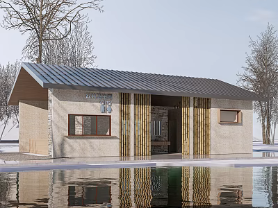 Modern Waterfront Pavilion With Stone Walls Dark Roof Pillars And Tree Reflections 3d model