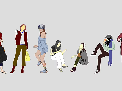 Group of People in Diverse Poses Standing Sitting With Different Outfits Holding Bags Phones 3d model