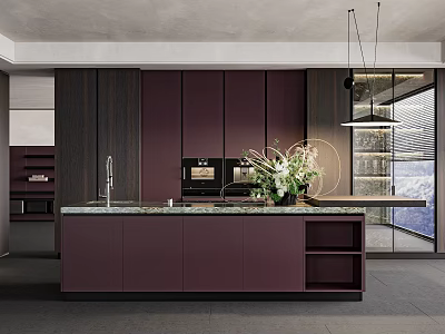 Modern Kitchen With Plum Colored Cabinets Island Counter And Appliances 3d model