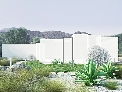 Modern Garden Landscape with White Geometric Walls Green Herbs Succulent Plants Gravel and Distant Mountains 3d model