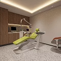Modern Dental Clinic Interior Featuring Green Chair Brown Cabinets And Medical Equipment