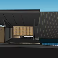 Modern Sales Office Building With Curved Black Roof And Glass Curtain Wall Water Feature