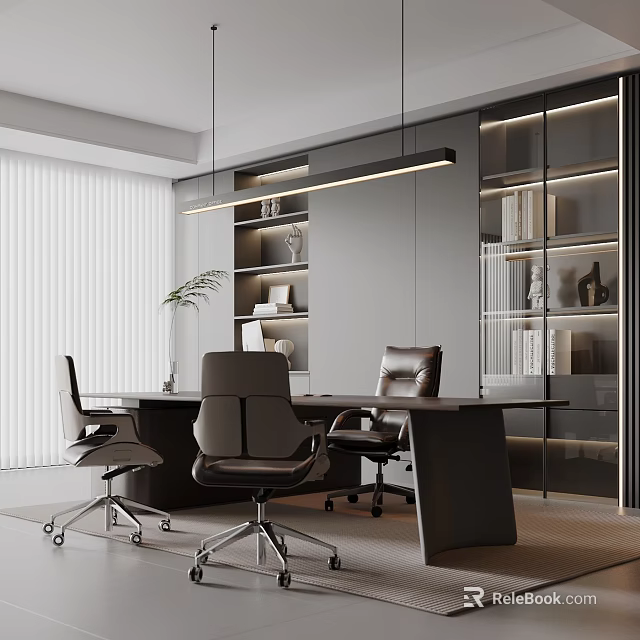 Modern Office Interior With Large Desk Ergonomic Chairs And Glass Front Cabinets 3d model 