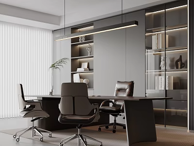 Modern Office Interior With Large Desk Ergonomic Chairs And Glass Front Cabinets 3d model