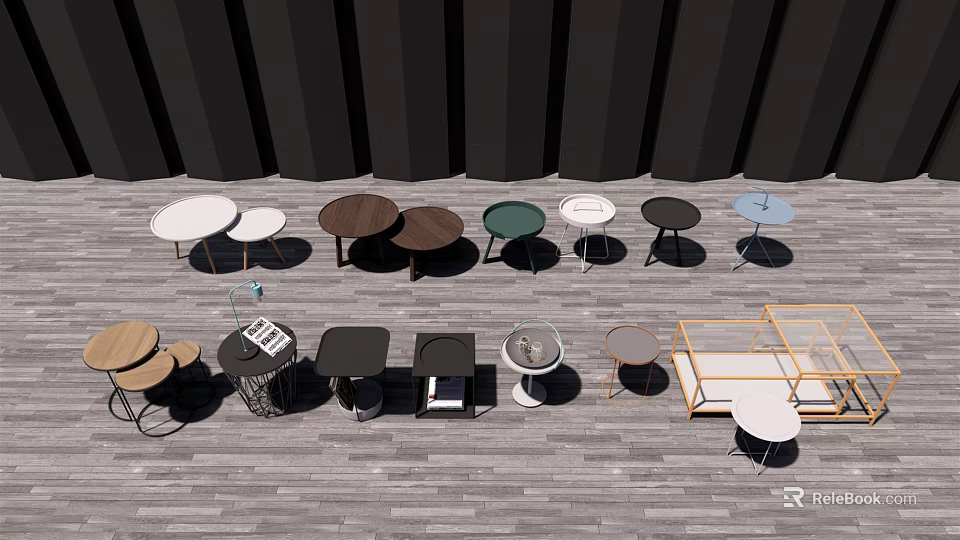 Various Modern Coffee Tables In Different Shapes Colors And Designs On Wooden Floor 3d model 