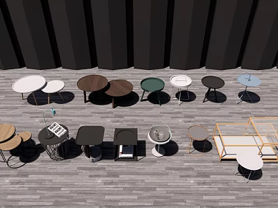 Various Modern Coffee Tables In Different Shapes Colors And Designs On Wooden Floor 3d model