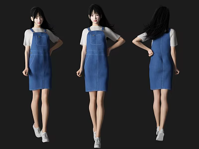 Woman In Blue Overall Dress With White T-shirt And Long Black Hair From Different Angles 3d model