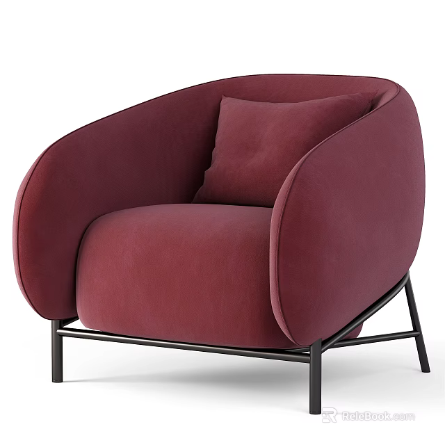 Burgundy Single Sofa With Round Armrests Velvet Fabric And Black Metal Legs 3d model 