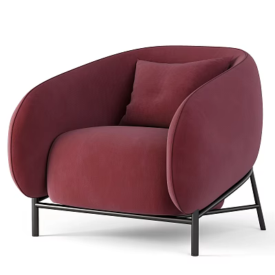 Burgundy Single Sofa With Round Armrests Velvet Fabric And Black Metal Legs 3d model