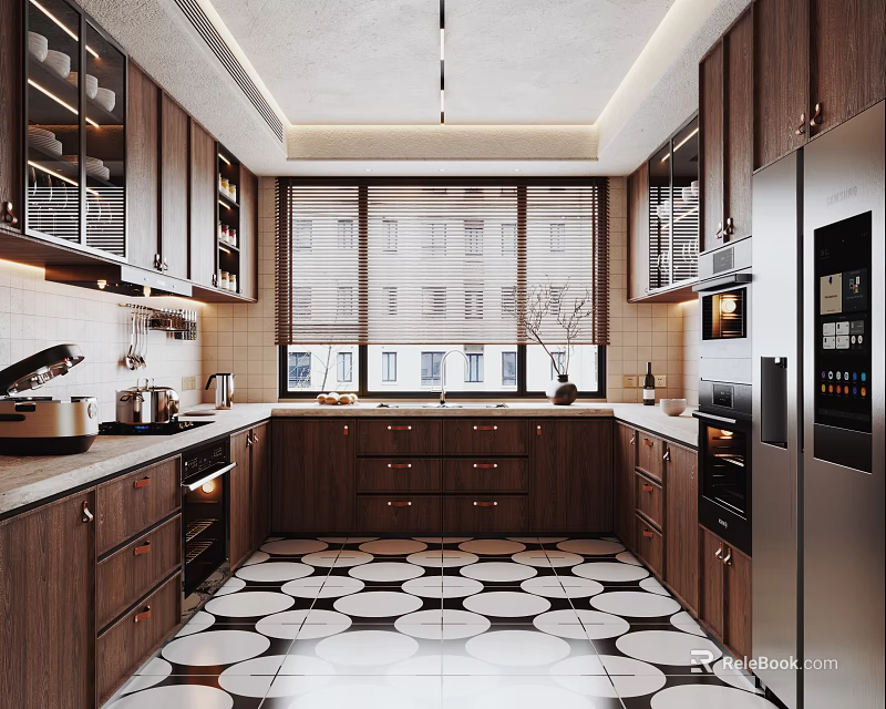 Modern Kitchen Interior Featuring Walnut Cabinets Black White Circular Tile Floor And Stainless Steel Appliances 3d model 