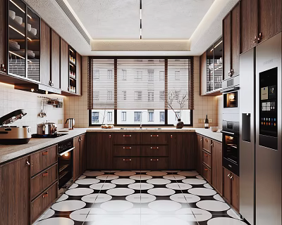 Modern Kitchen Interior Featuring Walnut Cabinets Black White Circular Tile Floor And Stainless Steel Appliances 3d model