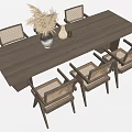 Wooden Rectangular Dining Table Set With Six Woven Chairs And Decorative Vase 3d model