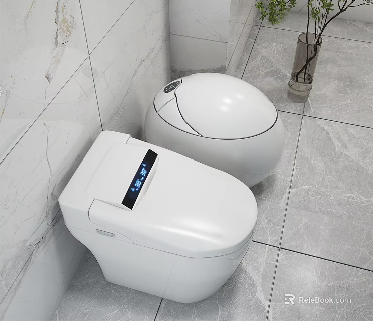 Smart Toilet with Digital Display and Egg Shaped Design in Modern Marble Tile Bathroom Interior 3d model 