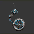 Detailed Blue Mechanical Robot Character With Wheel Antenna And Arm Design