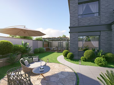 Garden Landscape Design With Outdoor Leisure Area Umbrella Wicker Furniture Trimmed Bushes And Stone Path 3d model