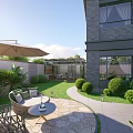 Garden Landscape Design With Outdoor Leisure Area Umbrella Wicker Furniture Trimmed Bushes And Stone Path