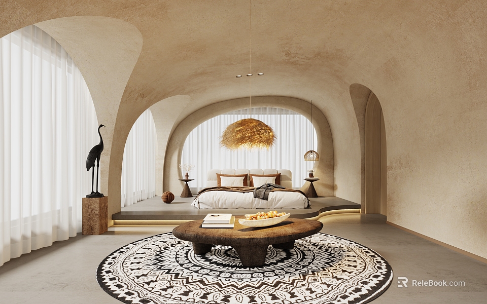 Hotel Guest Room With Arched Structure Large Bed Woven Pendant Light And Circular Rug 3d model 