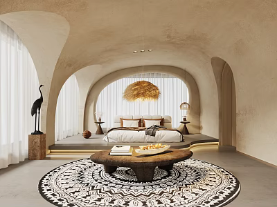 Hotel Guest Room With Arched Structure Large Bed Woven Pendant Light And Circular Rug 3d model