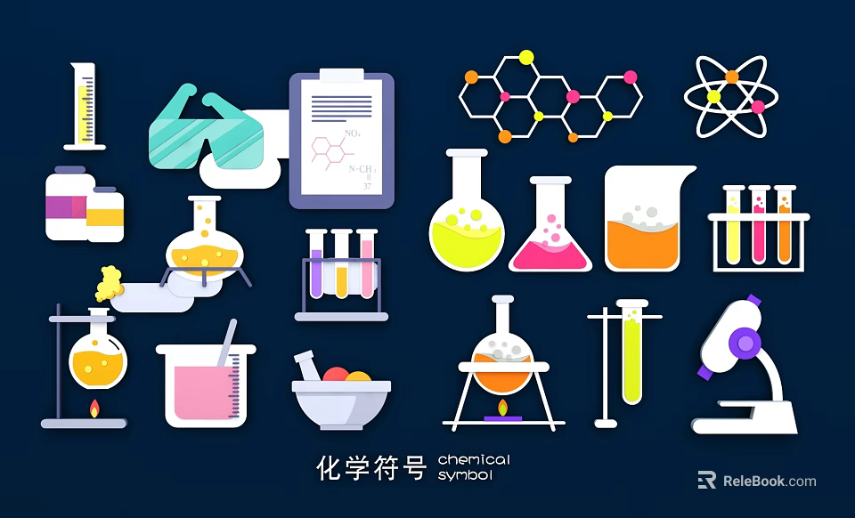 Chemical Symbols Themed Wall Decor with Laboratory Beakers Test Tubes and Molecular Models 3d model 