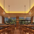 Warm Wooden Restaurant Interior With Hanging Glass Pendant Lights And Booth Seating