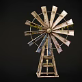Rusted Windmill Equipment With Metal Blades Moss Growth And Wooden Stand