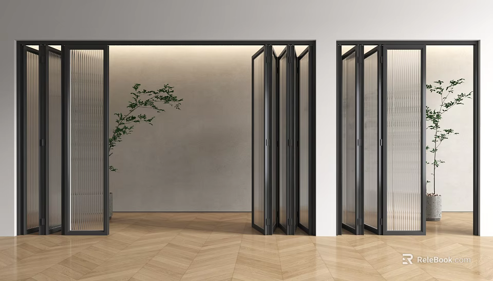 Modern Interior Folding Doors With Black Frames Glass Panels And Green Plant Decoration 3d model 
