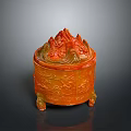 Orange Carved Household Container With Flame Like Lid And Three Feet