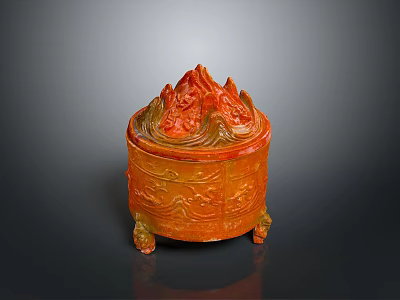 Orange Carved Household Container With Flame Like Lid And Three Feet 3d model