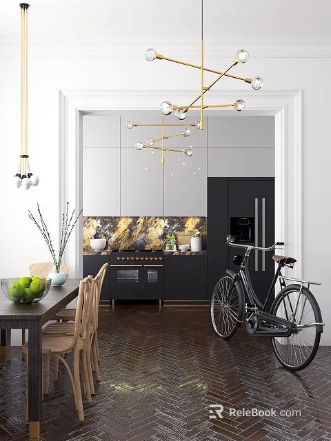 Modern Restaurant Interior With Wooden Table Chairs Hanging Lights Marble Backsplash And Bicycle Decor 3d model 