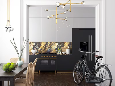 Modern Restaurant Interior With Wooden Table Chairs Hanging Lights Marble Backsplash And Bicycle Decor 3d model