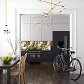 Modern Restaurant Interior With Wooden Table Chairs Hanging Lights Marble Backsplash And Bicycle Decor