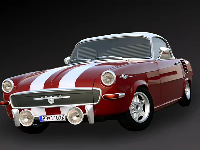 Vintage Red And White Striped Classic Car With Round Headlights And Silver Wheels 3d model