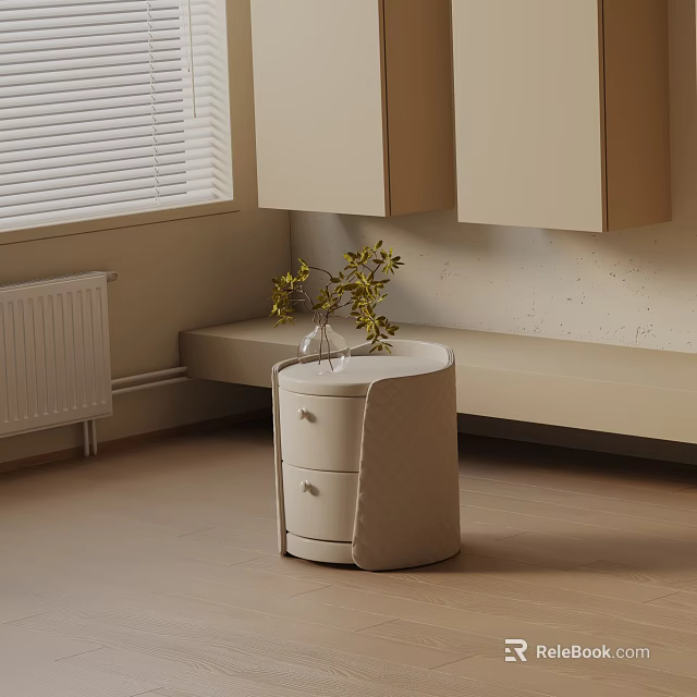 Modern Upholstered Nightstand With Two Drawers And Green Plant Vase In Minimalist Bedroom Interior 3d model 