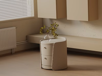Modern Upholstered Nightstand With Two Drawers And Green Plant Vase In Minimalist Bedroom Interior 3d model