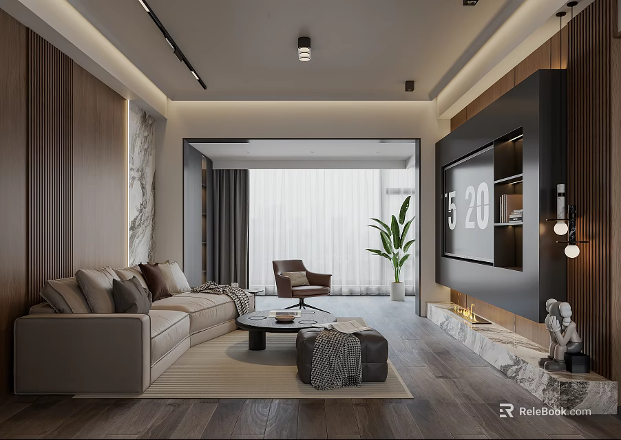 Modern Living Room Interior With Sofa Coffee Table TV Wall Plant And Decorative Lighting 3d model 