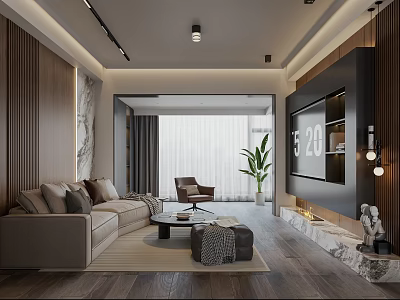 Modern Living Room Interior With Sofa Coffee Table TV Wall Plant And Decorative Lighting 3d model