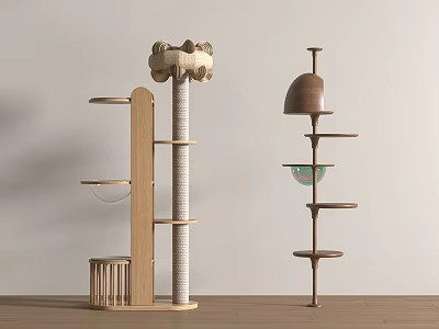 Modern Wooden Cat Trees With Multiple Platforms Clear Glass Perch And Scratching Post 3d model