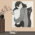 Figure Painting of Two Women Embracing in Knitted Sweater with Black Cat Branches and Open Book