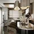 Elegant Modern Restaurant Interior With Marble Dining Table Pendant Lights And Plants