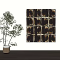 Abstract Geometric Painting With Brown Black Patterns And Indoor Plant In Modern Interior