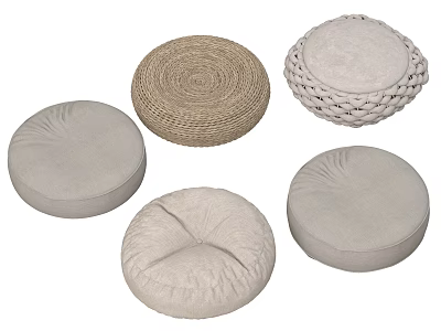 Five Different Round Design Bean Bag Chairs in Neutral Tones with Woven and Fabric Materials 3d model